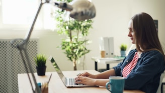 a woman sitting at a desk using a laptop computer