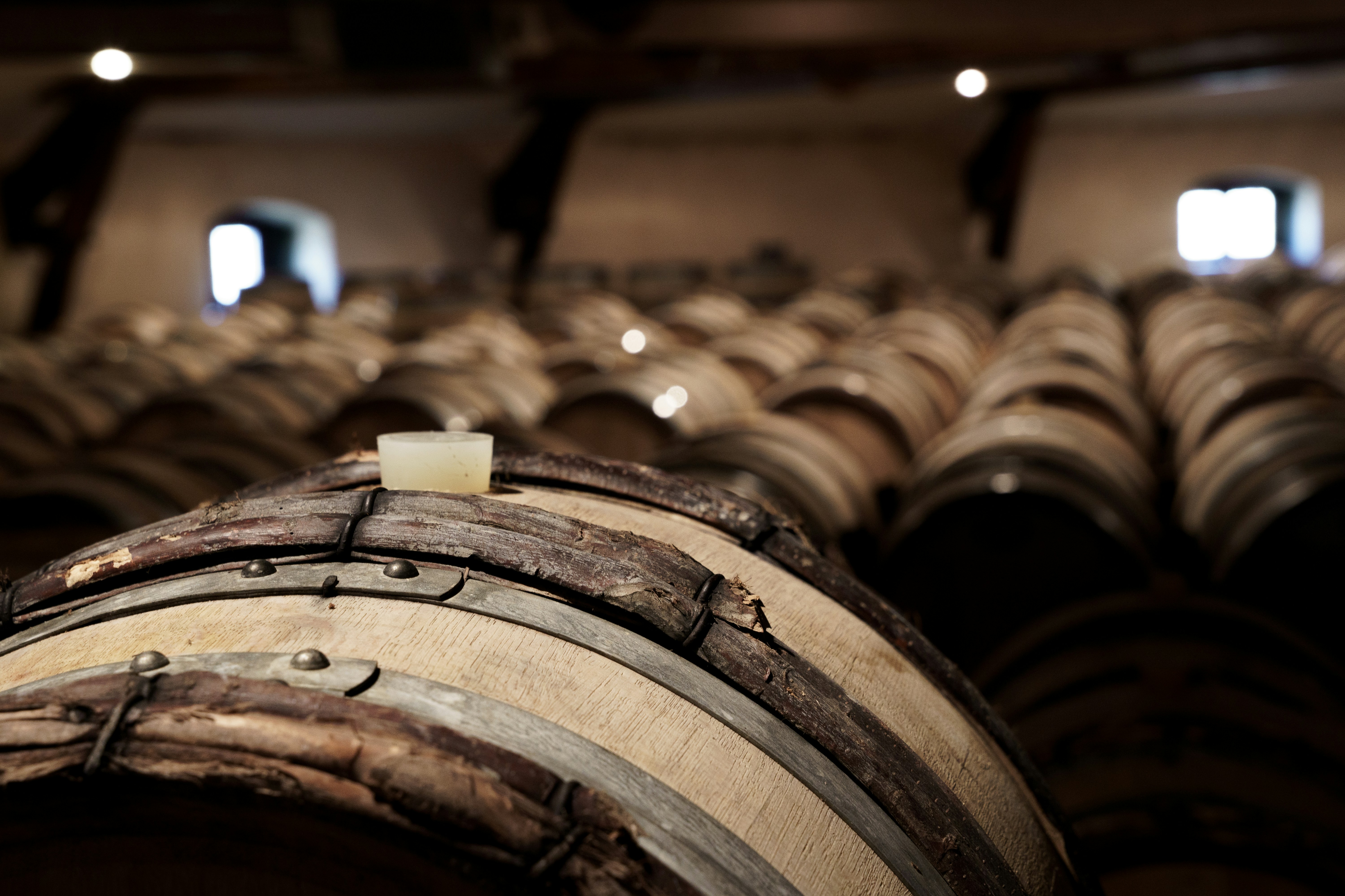 a bunch of barrels that are in a room, Processus de vieillissement des vins des vins du Domaine Chanson à Beaune en Bourgogne