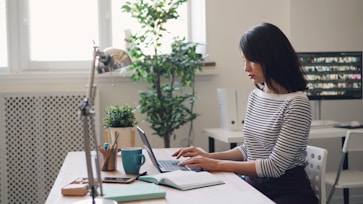 a woman sitting at a desk using a laptop computer