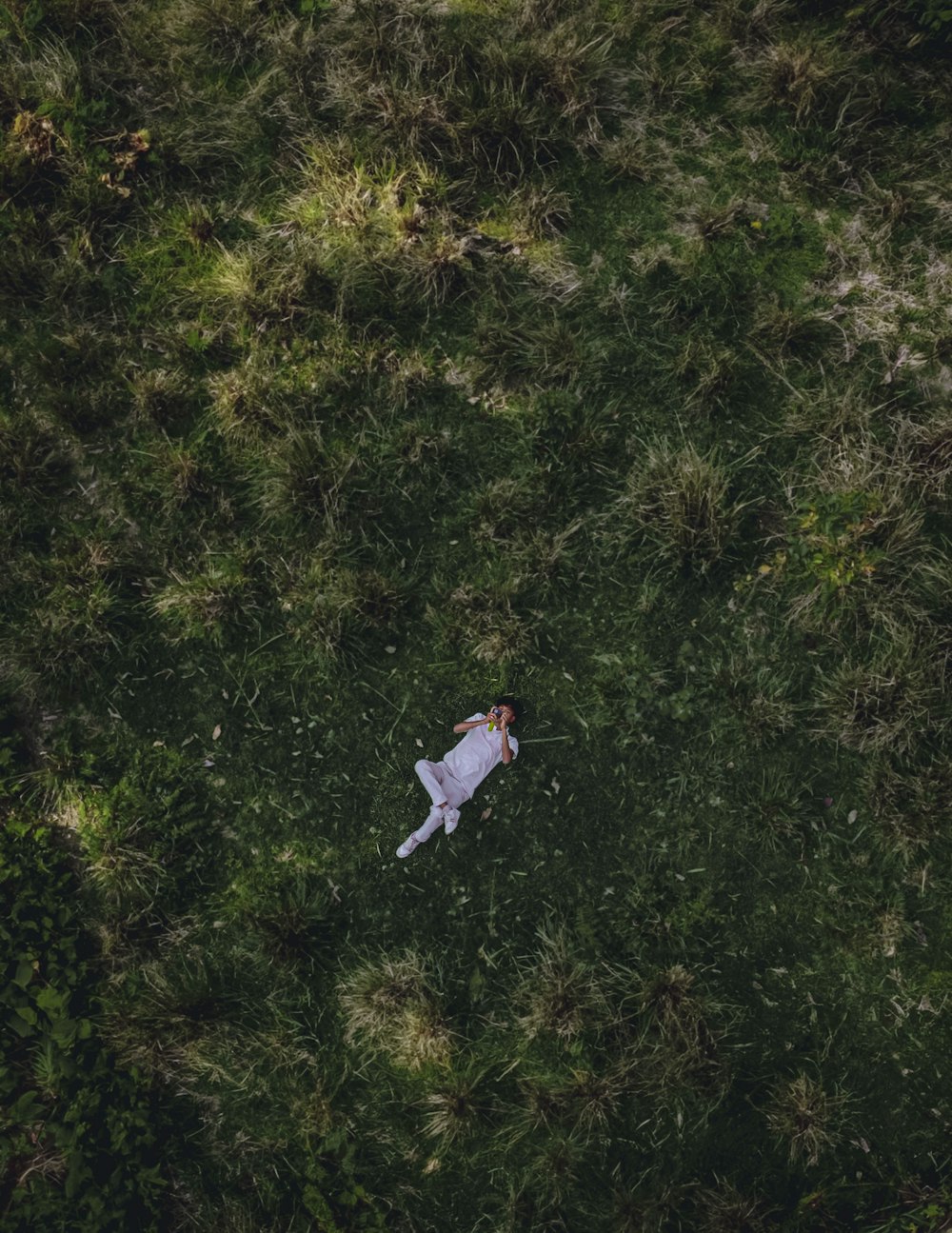 a person laying on the ground in a field of grass