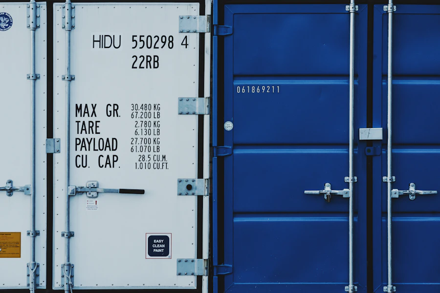 Close-up of a refrigerated shipping container door and spec plate