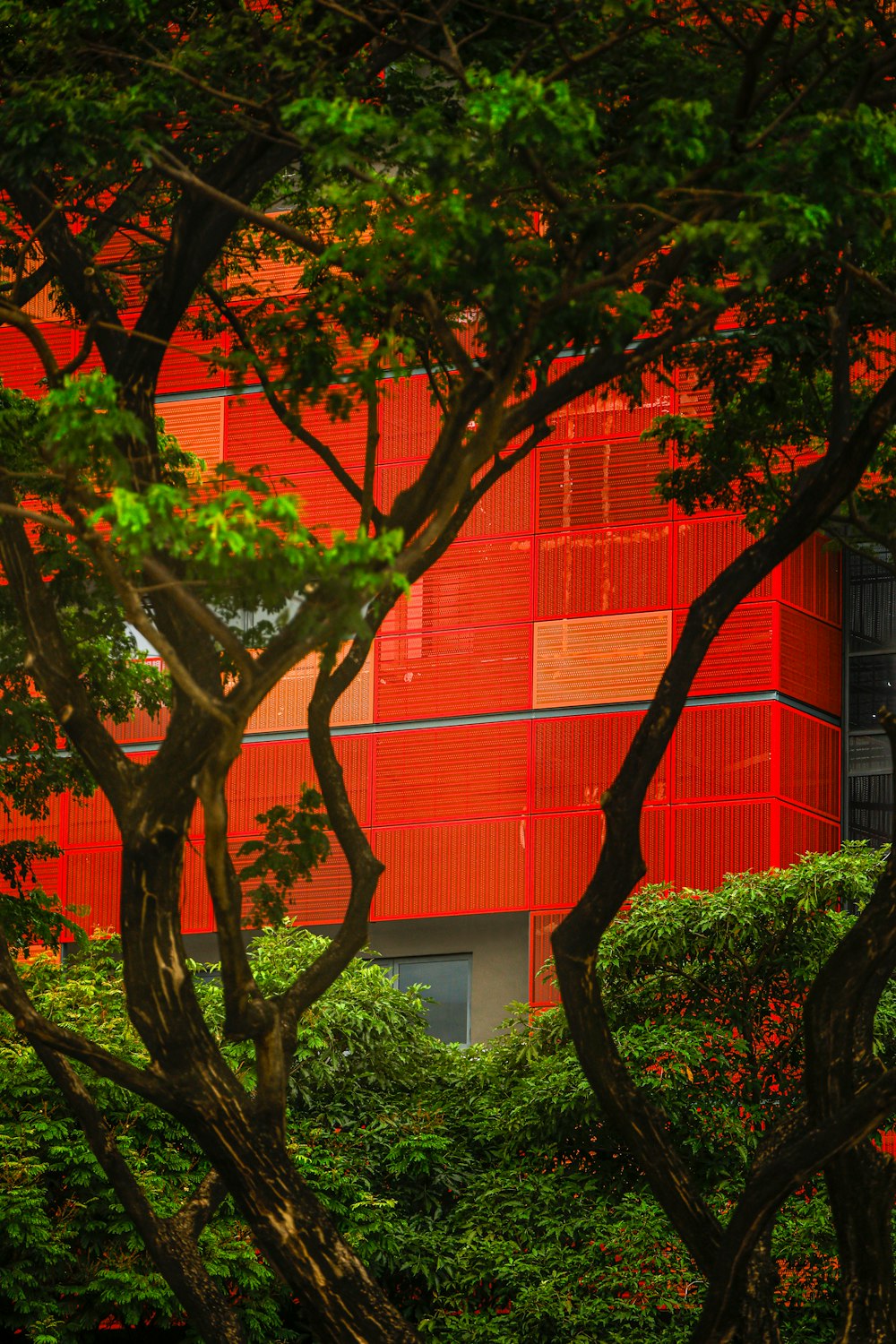 a red building with trees in front of it