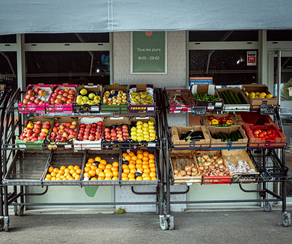 a display of fruits and vegetables in a store