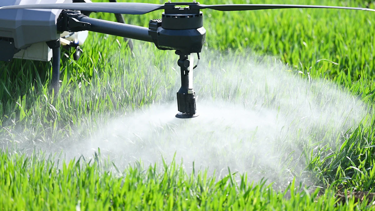 Agricultural drone spraying a green field