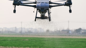 A small plane flying over a green field