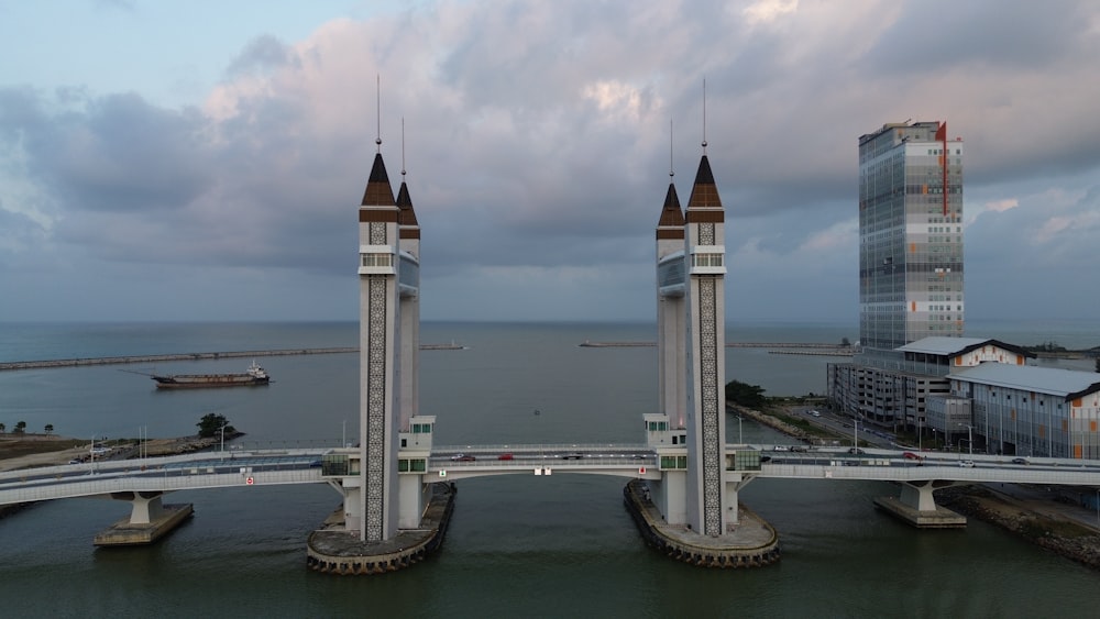 a bridge that has two towers on top of it