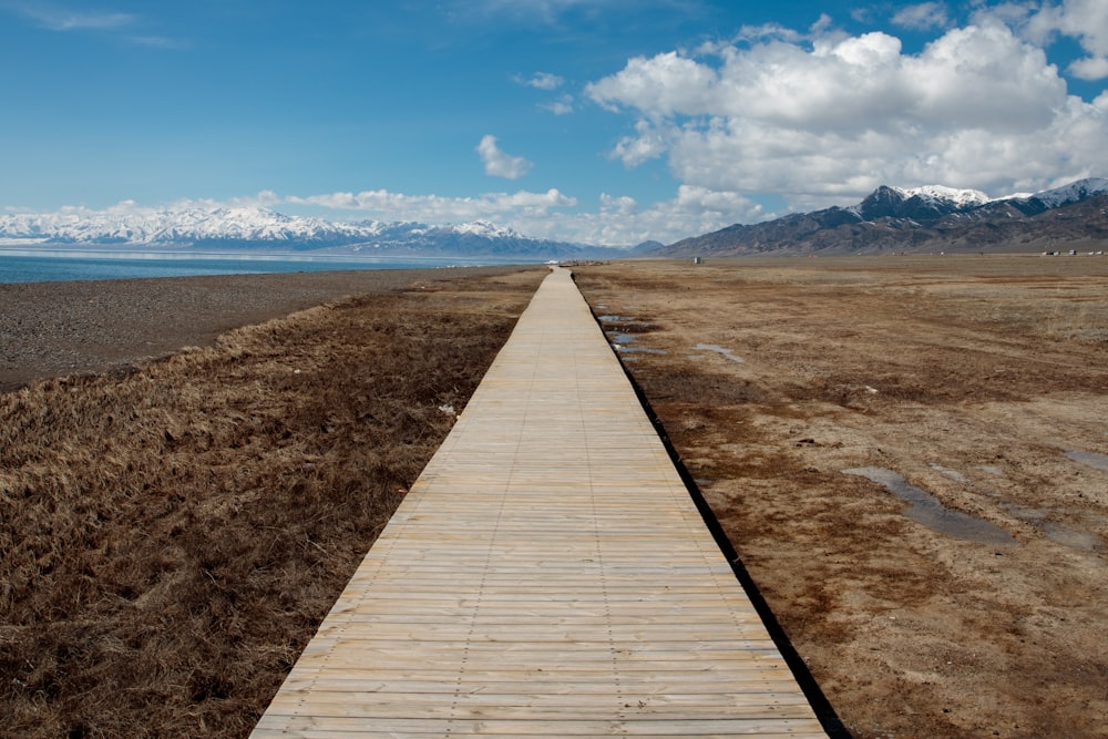 a wooden walkway leading to a body of water