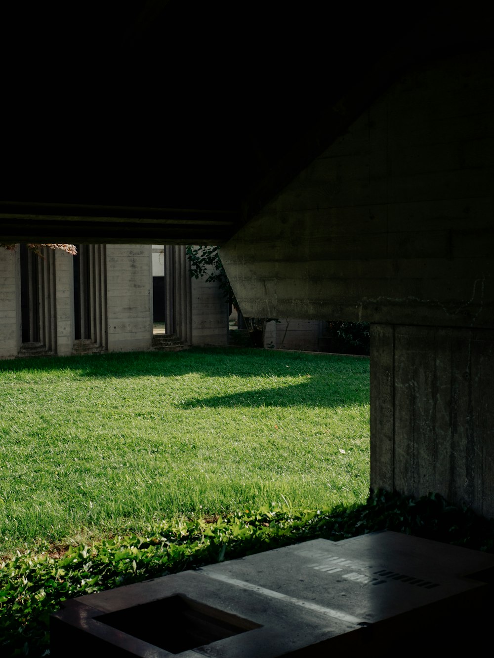 a grassy yard with a building in the background