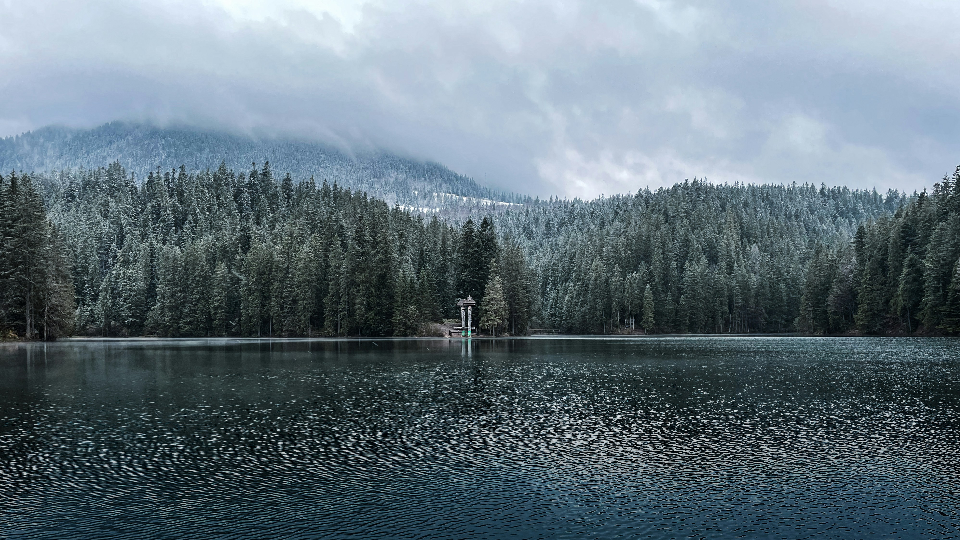 a large body of water surrounded by trees