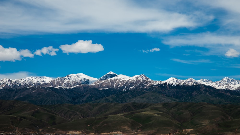 a mountain range with snow capped mountains in the background