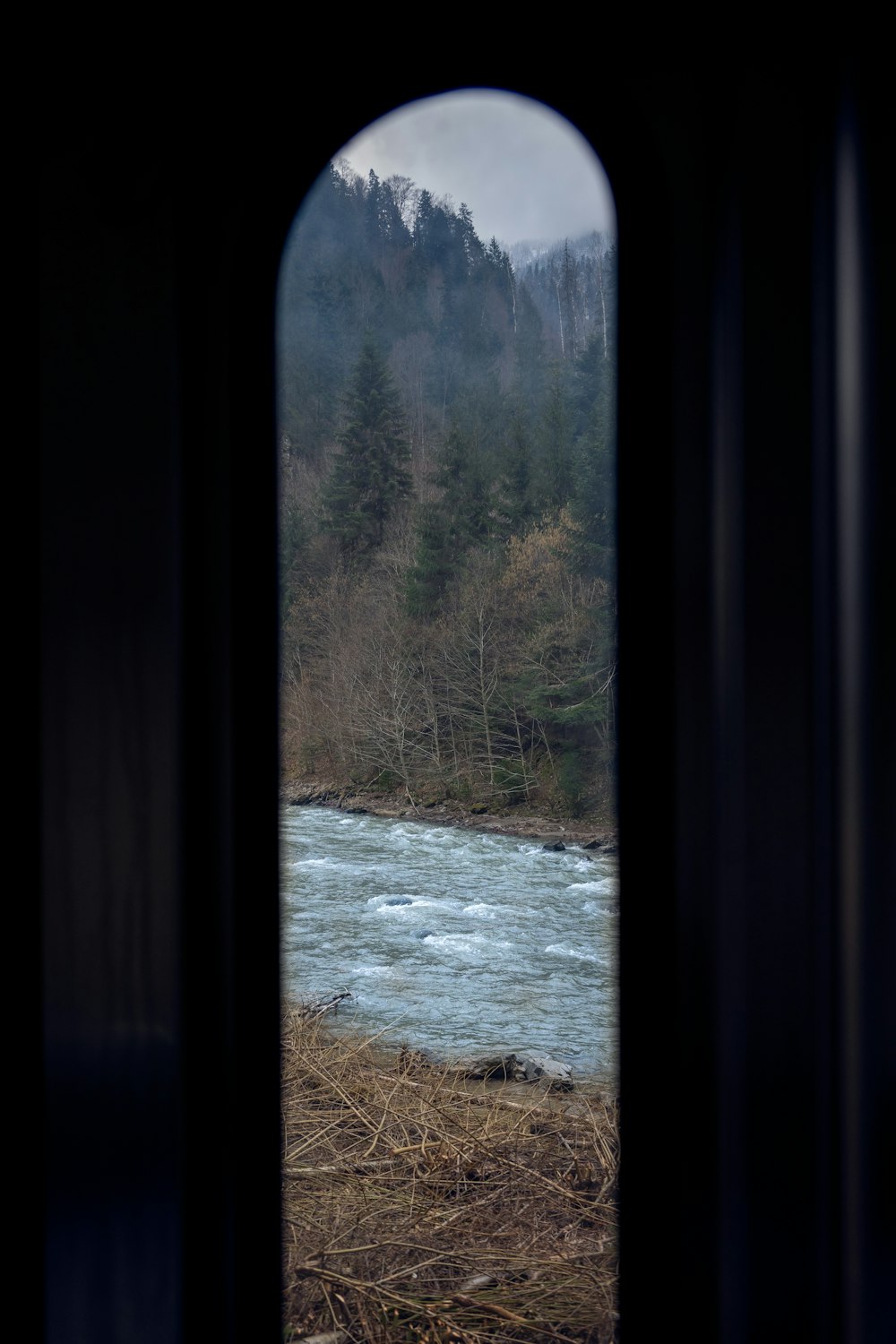 a view of a river through a window