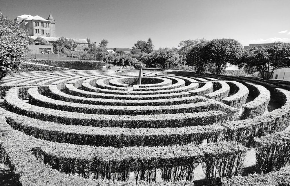 a black and white photo of a maze