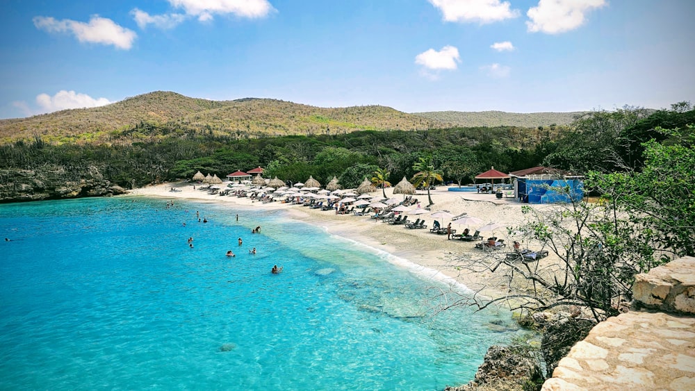 Ein Strand, an dem ein Haufen Sonnenschirme stehen