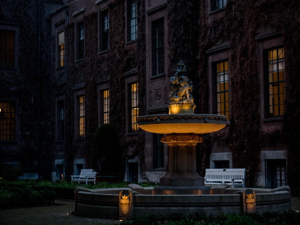 a fountain in front of a building at night