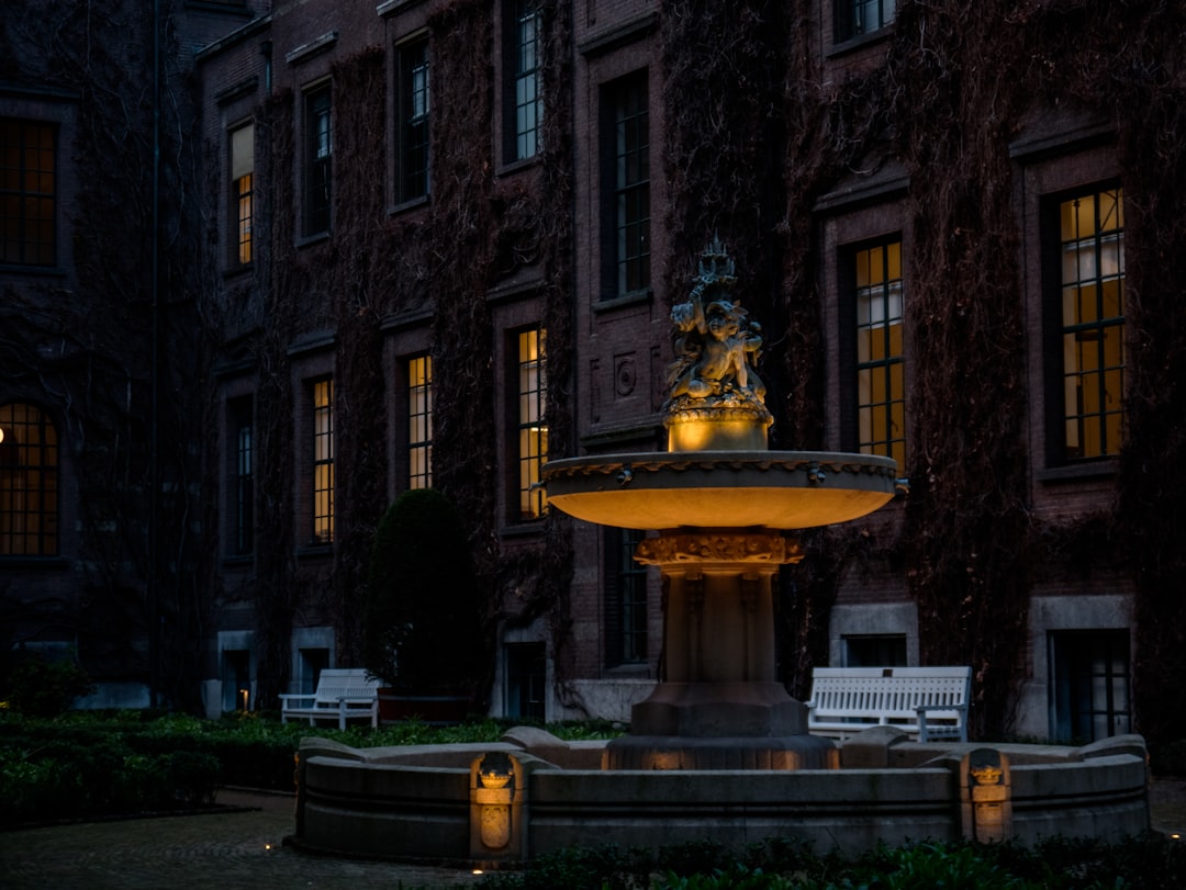a fountain in front of a building at night,