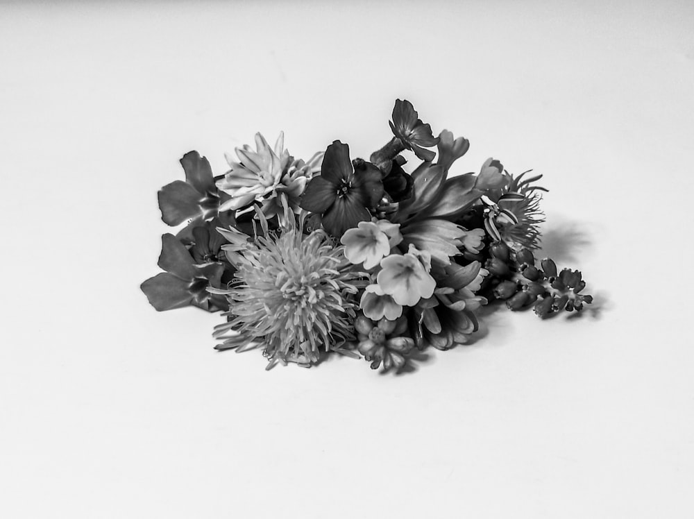 a black and white photo of a bunch of flowers