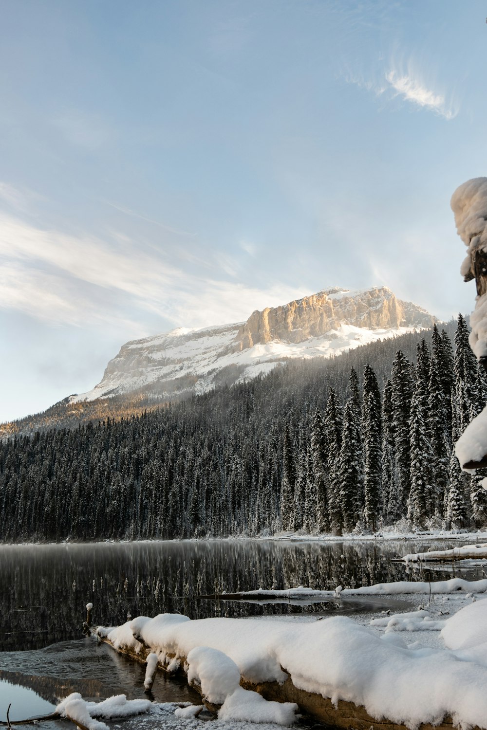 a mountain covered in snow next to a lake