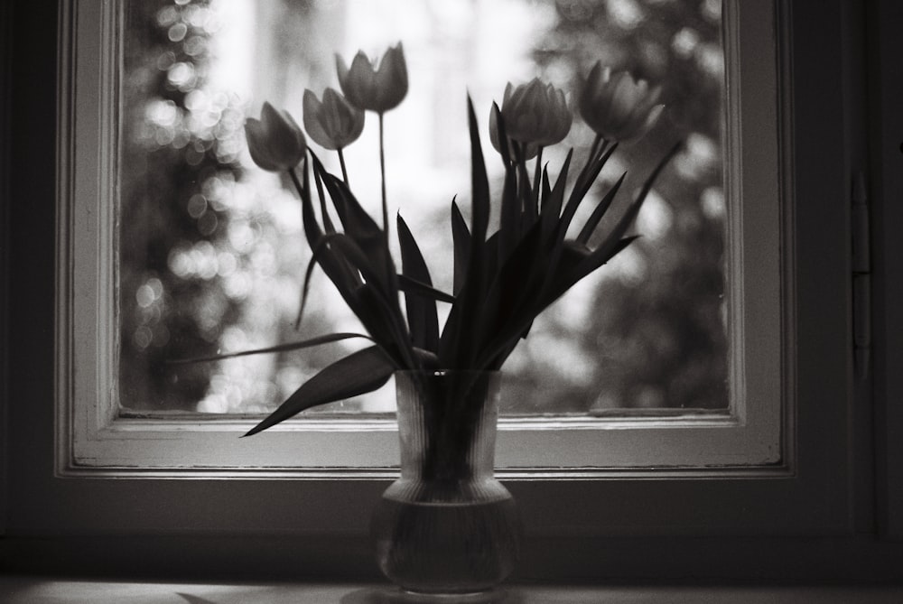a vase filled with flowers sitting next to a window