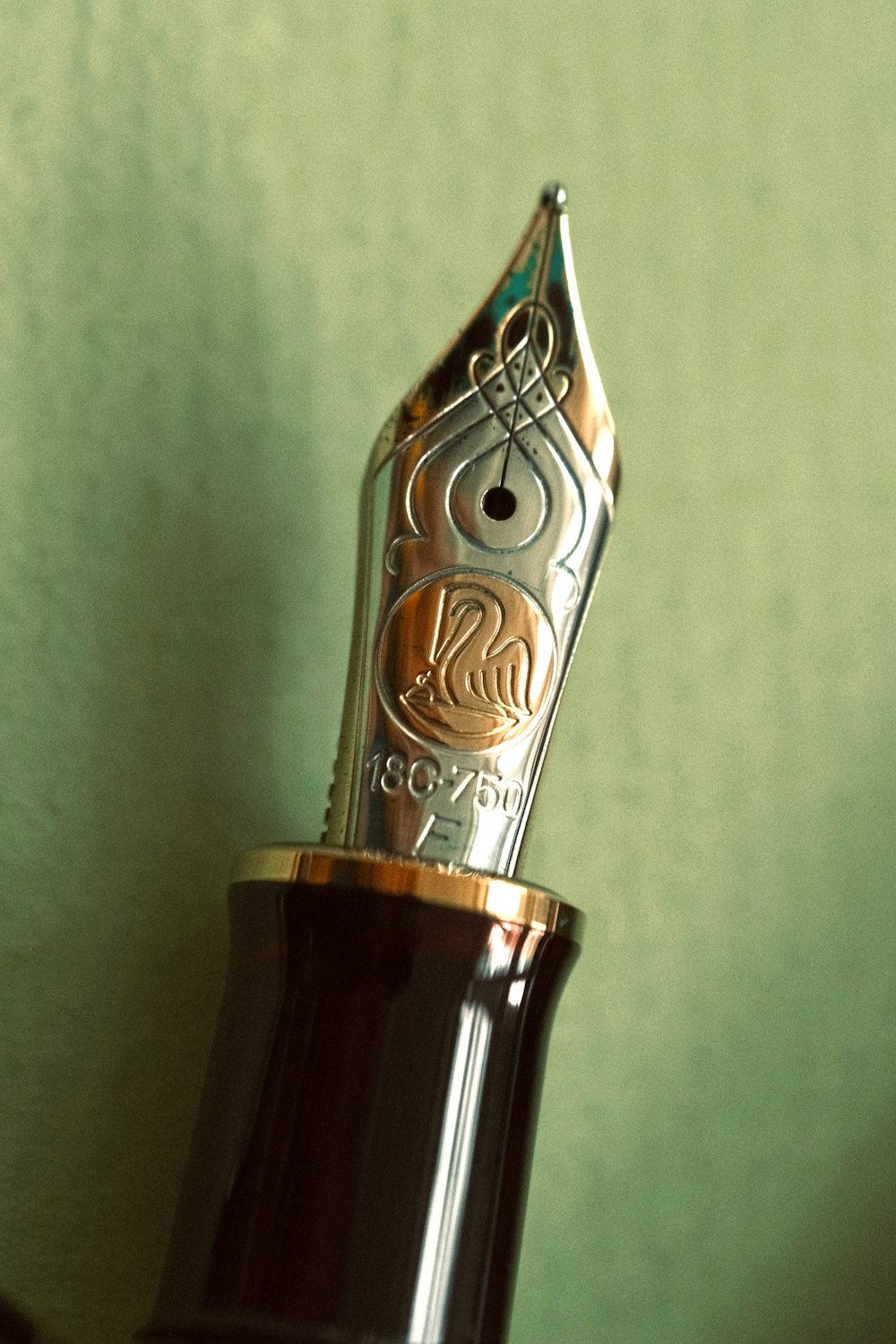 a close up of a fountain pen with a green background
