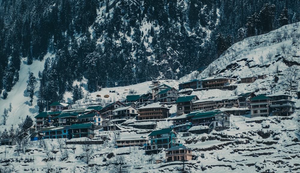 a snow covered mountain with a bunch of houses on it