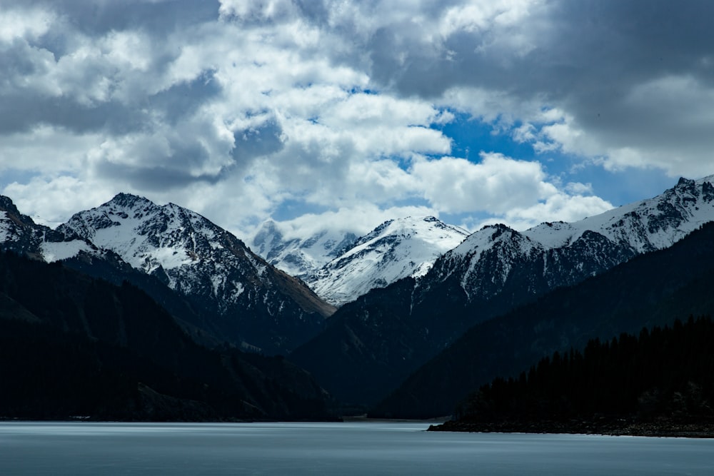 a lake surrounded by mountains under a cloudy sky