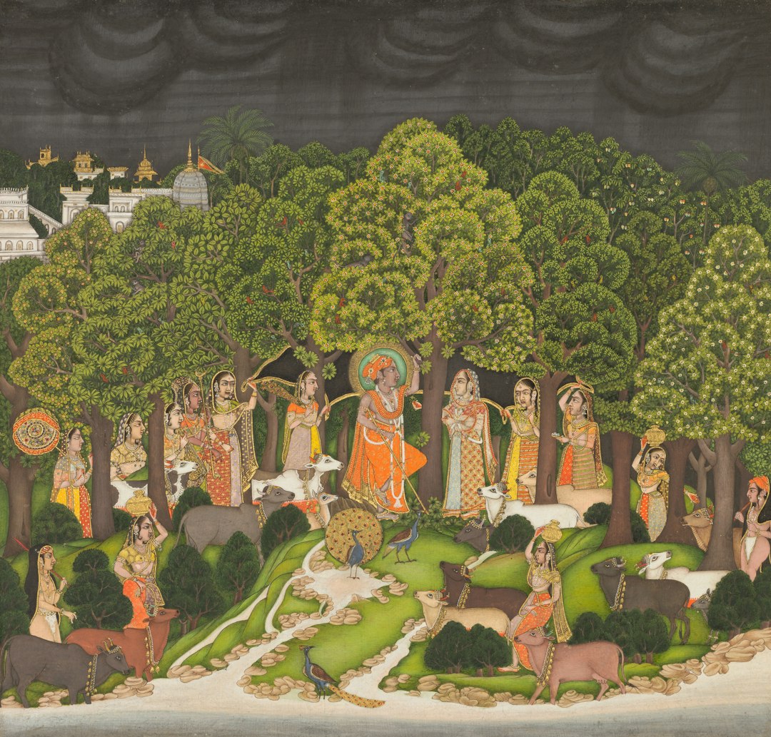 Radha and Krishna meet in the forest during a storm c. 1770 India, Bengal, Mughal, 18th century Gum tempera and gold on paper Gift in honor of Madeline Neves Clapp; Gift of Mrs. Henry White Cannon by exchange; Bequest of Louise T. Cooper; Leonard C. Hanna Jr. Fund; From the Catherine and Ralph Benkaim Collection 2013.352 https://www.clevelandart.org/art/2013.352