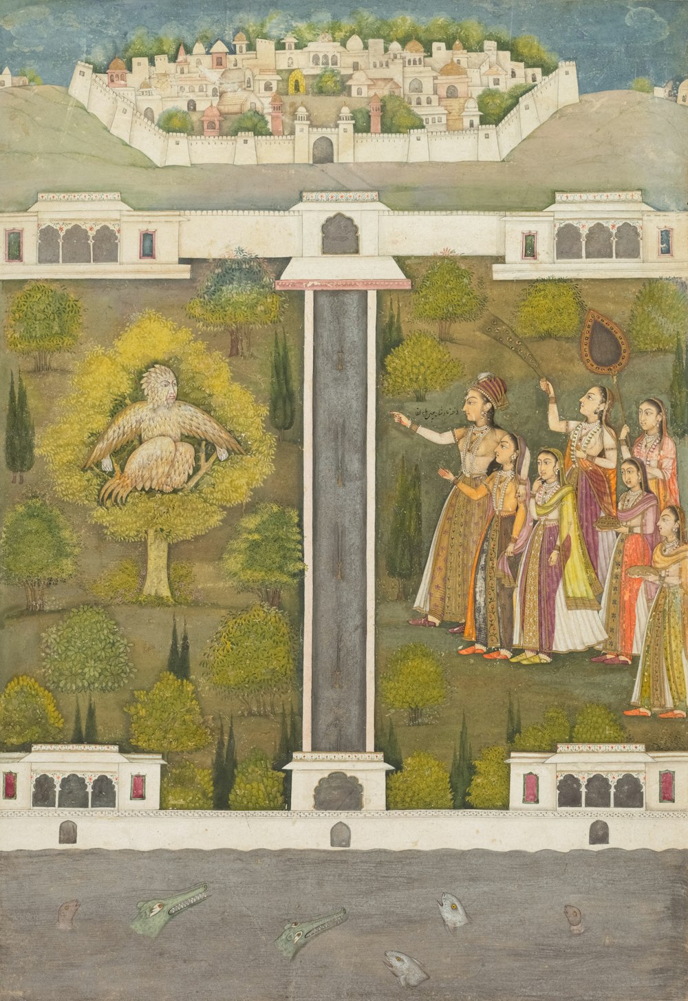 uma pintura de um grupo de pessoas em frente a uma fonte