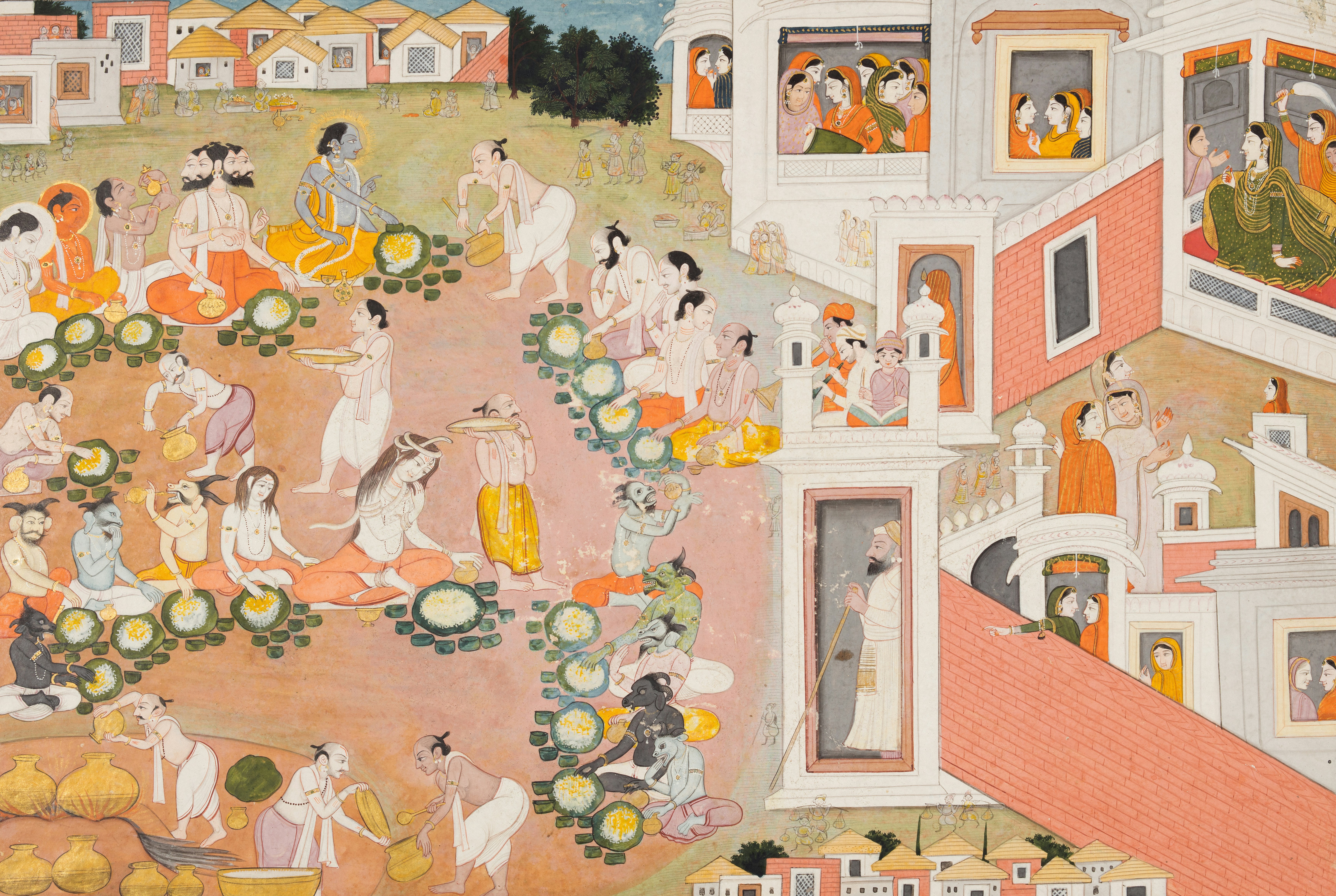 a painting of a group of people in a courtyard