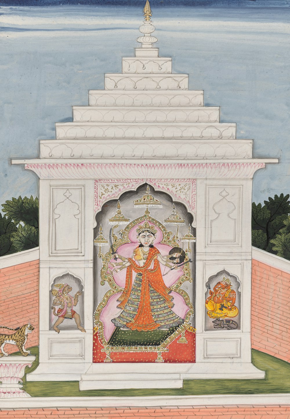 a painting of a woman standing in front of a temple