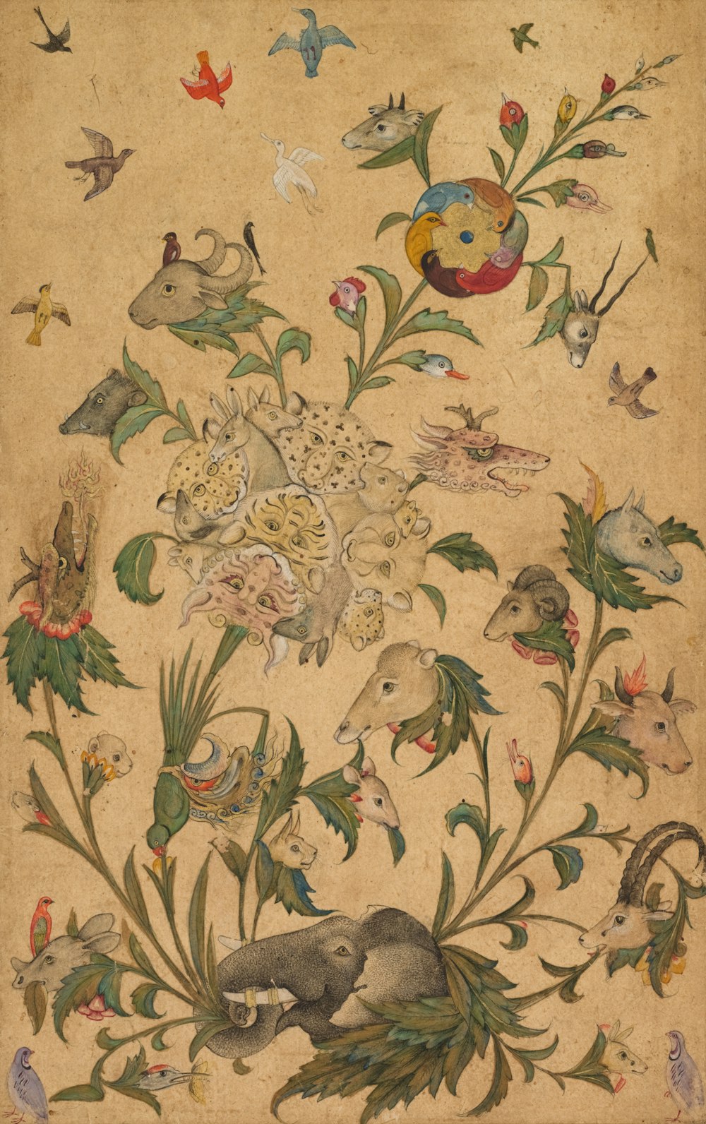 un cuadro de pájaros y flores sobre un fondo beige