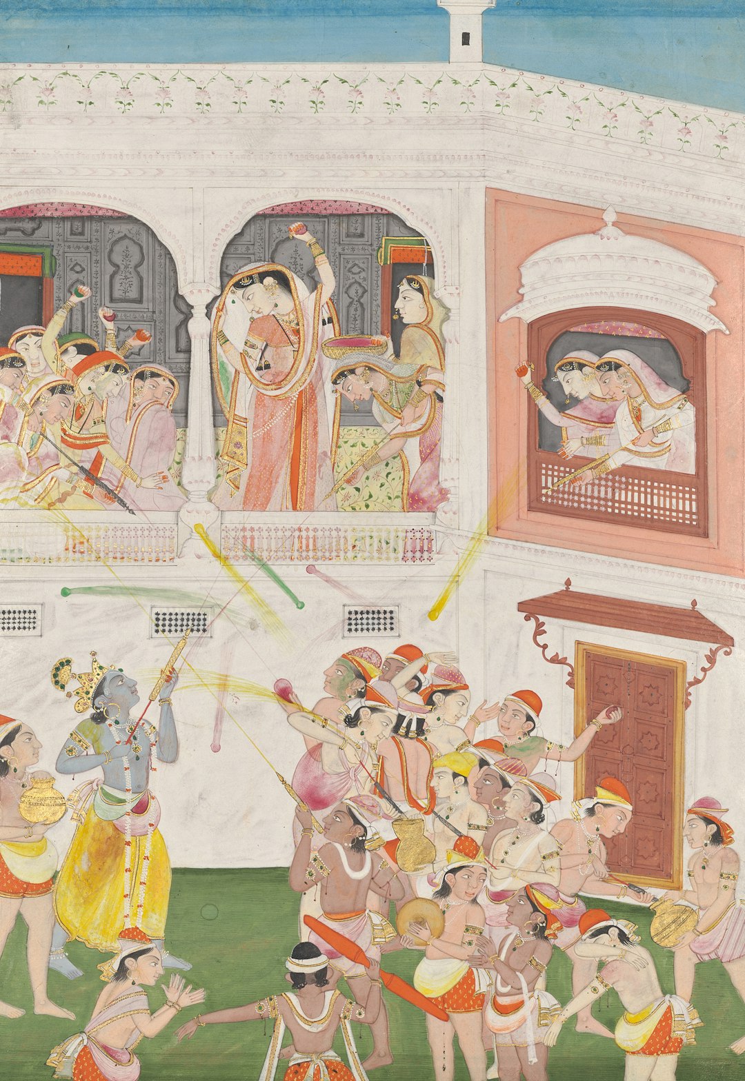 Radha and Hindu God Krishna Celebrating the Festival Holi c. 1800–1810 India, Pahari Hills, Bilaspur School, 19th century Gum tempera, ink, and gold on paper Bequest of Mrs. Severance A. Millikin 1989.340