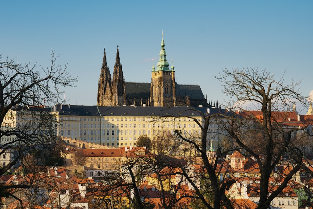 a view of a city with a cathedral in the background