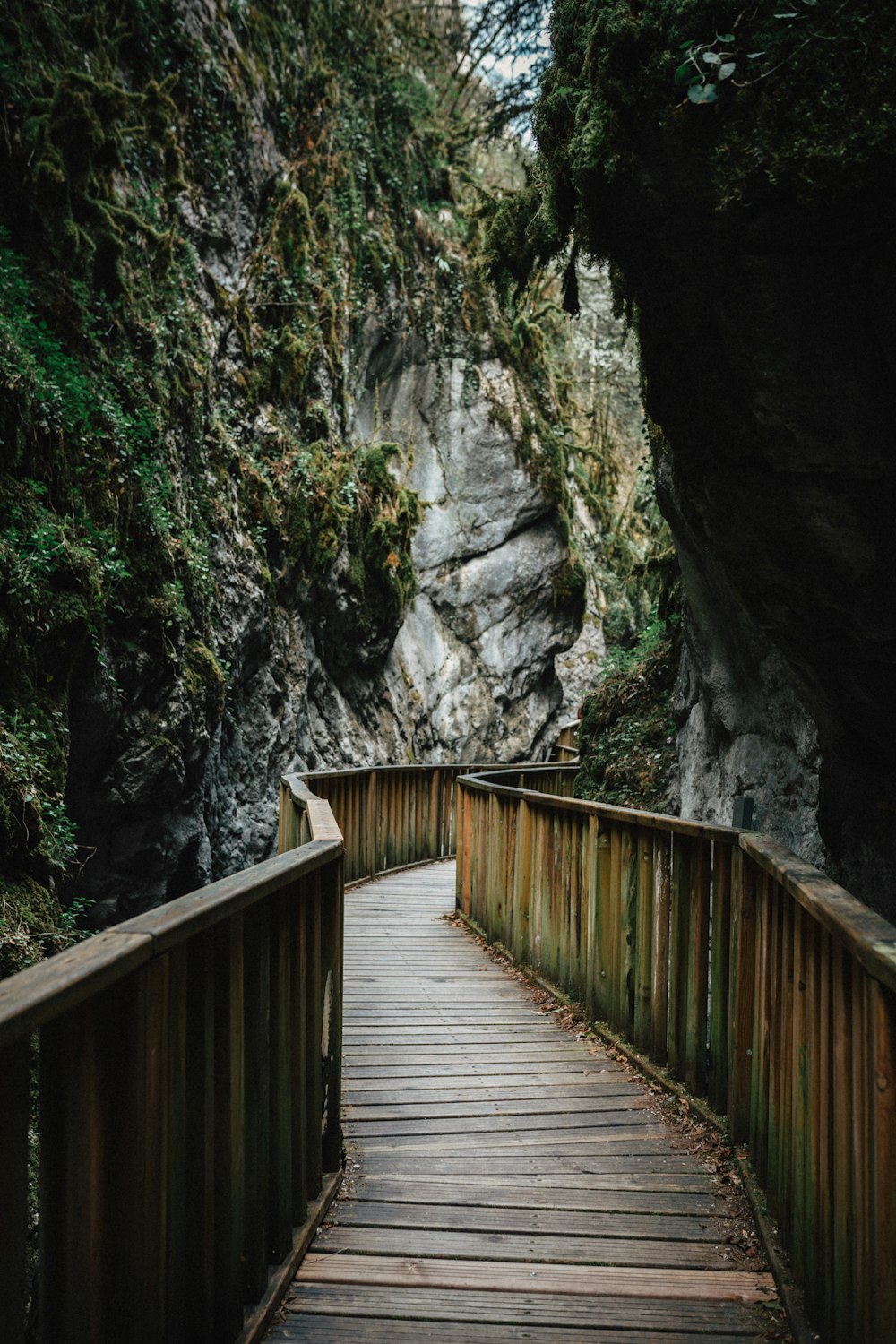a wooden walkway leading to a rocky cliff