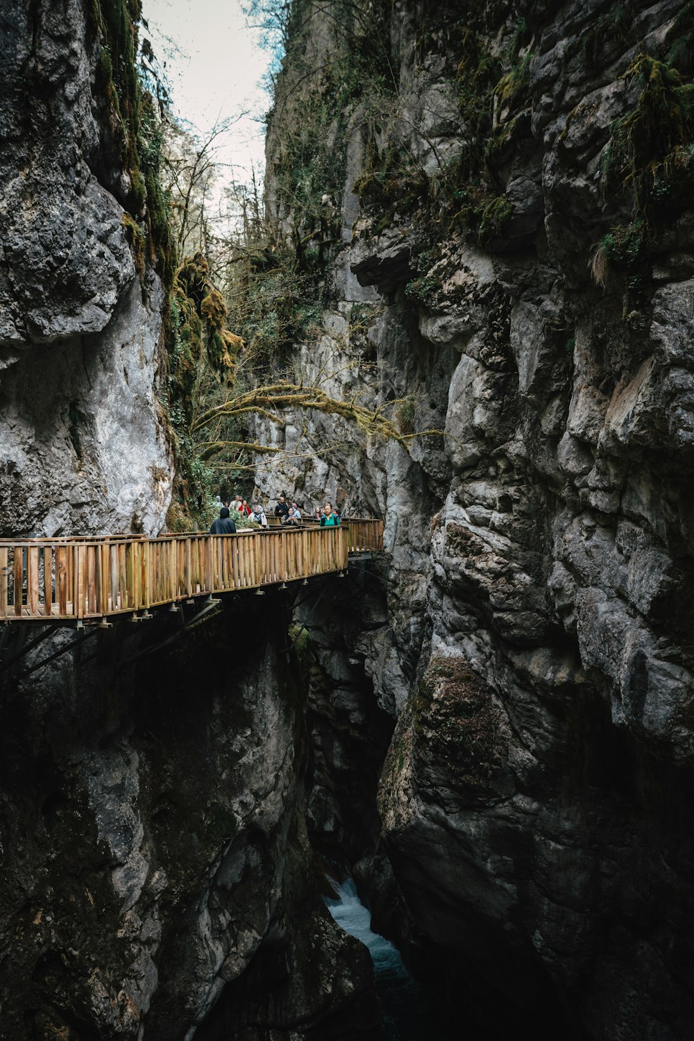 a wooden bridge over a river in a canyon