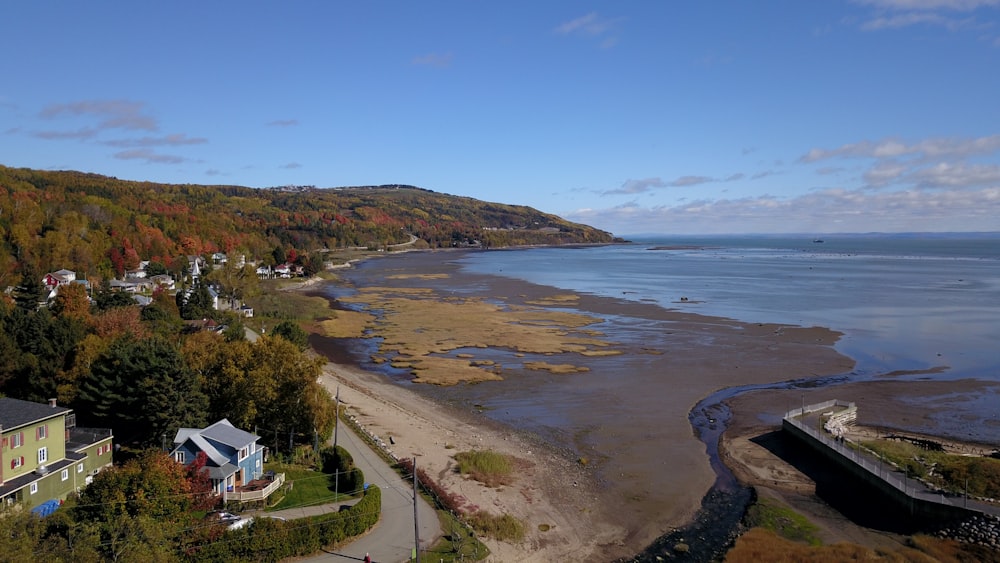 an aerial view of a beach with houses and a body of water