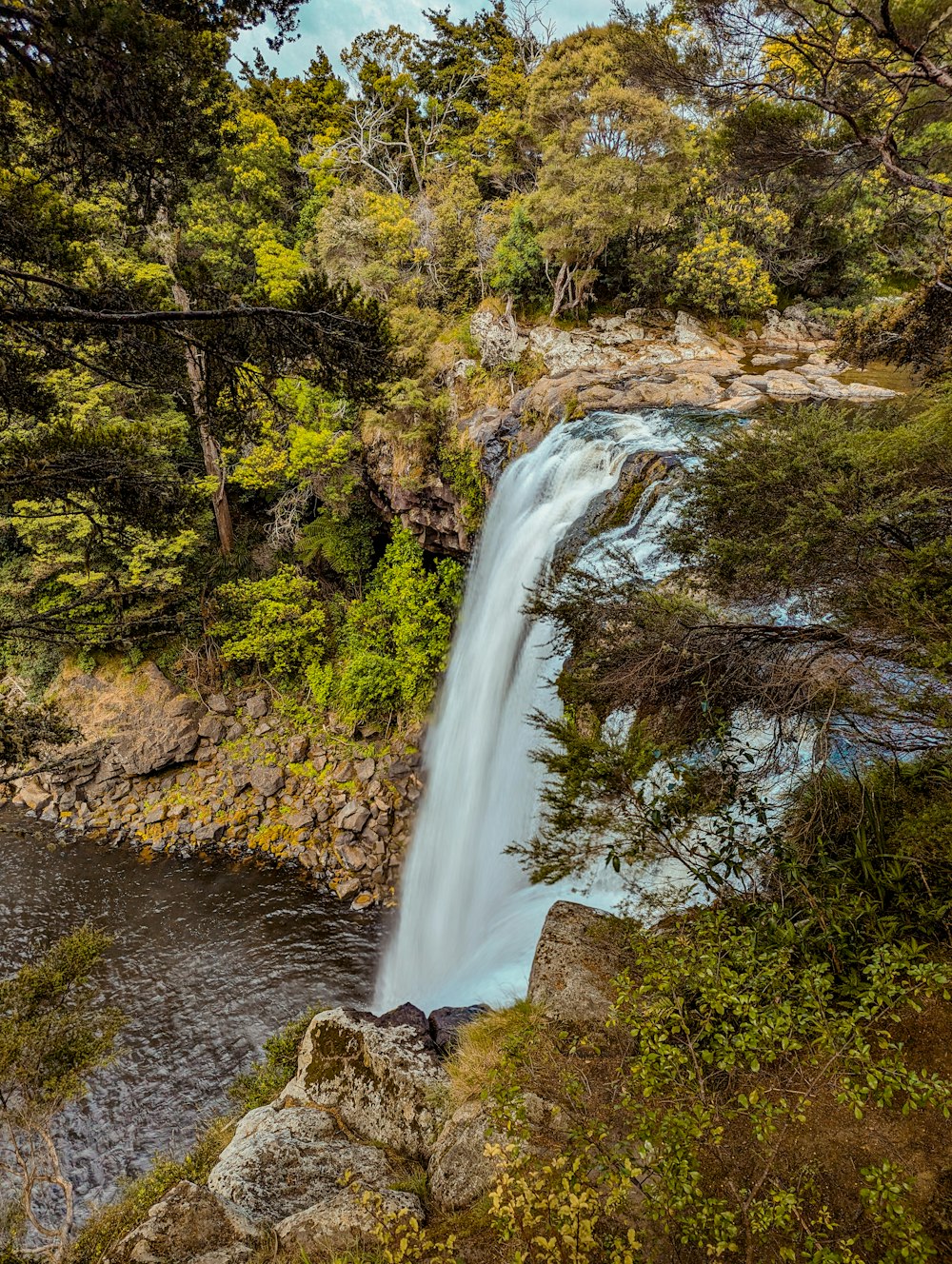 a large waterfall in the middle of a forest