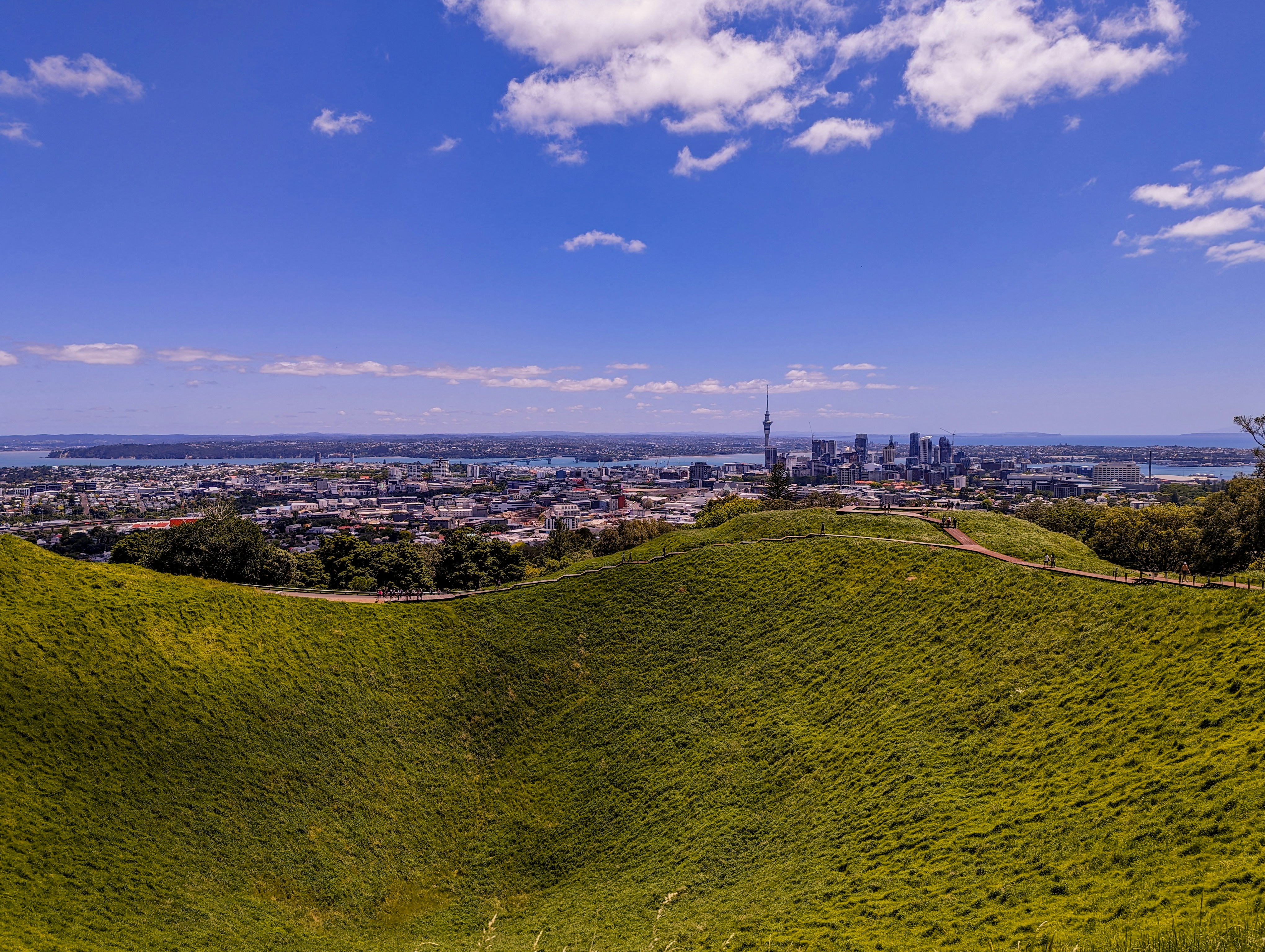 a view of a city from the top of a hill, 