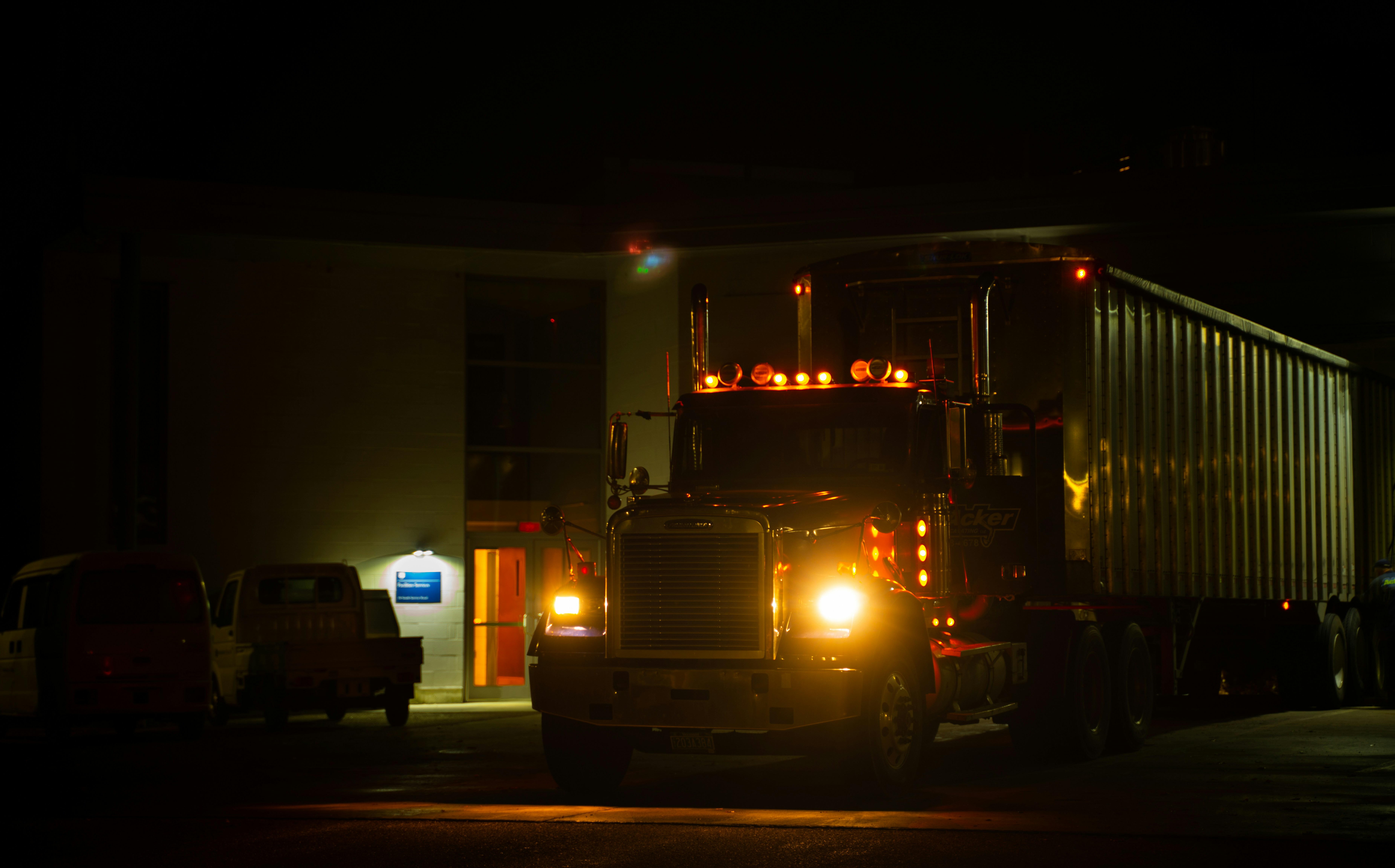 Semi truck lights at night