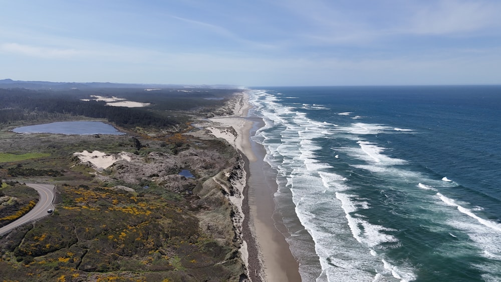 an aerial view of a beach and a body of water