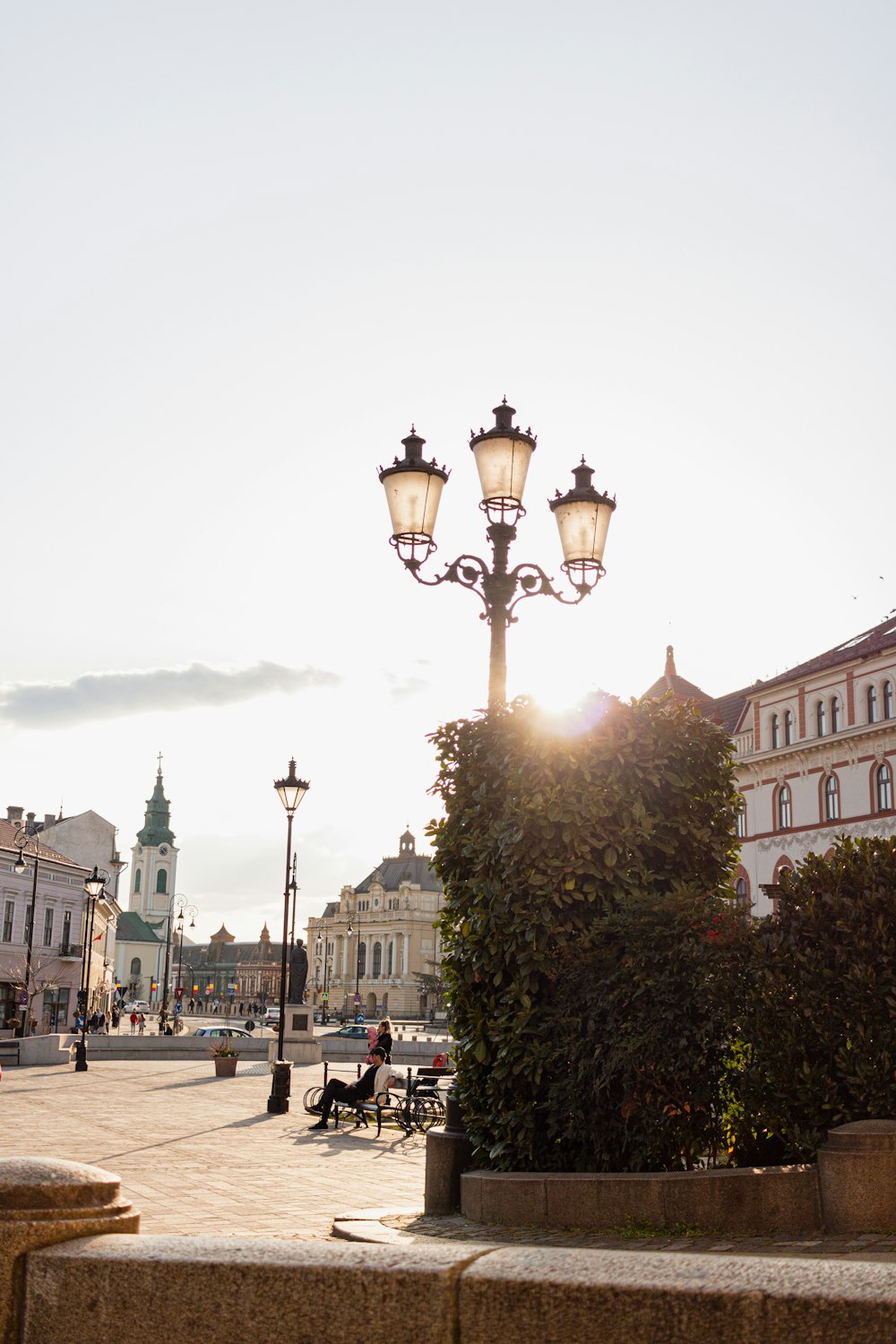 a couple of street lamps sitting on the side of a road