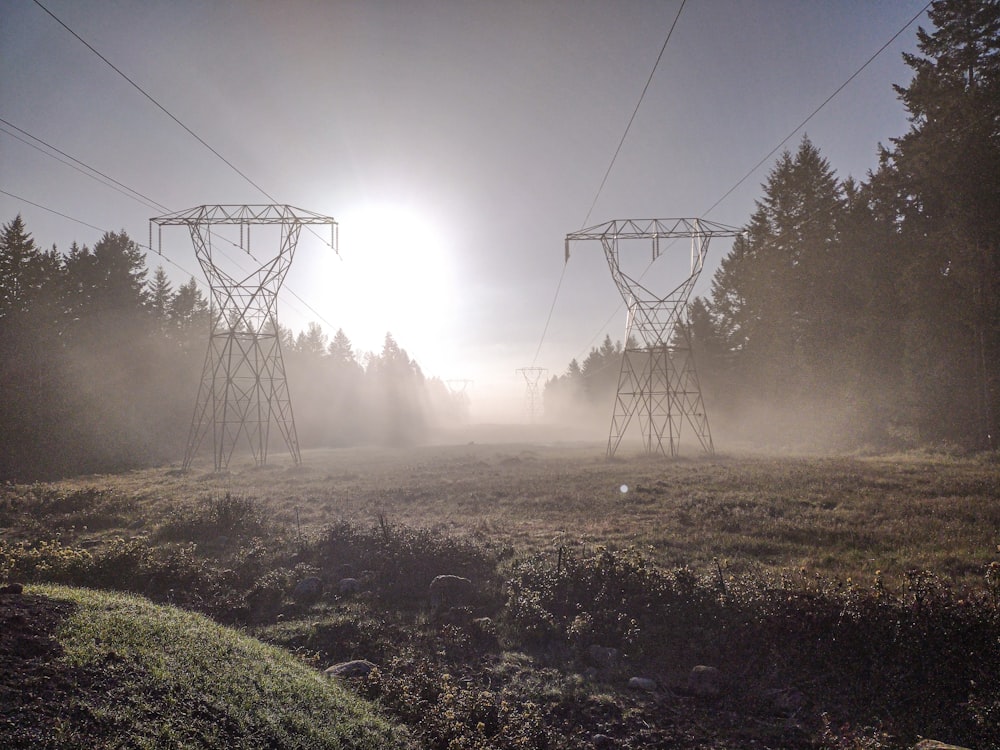 a foggy field with power lines in the distance