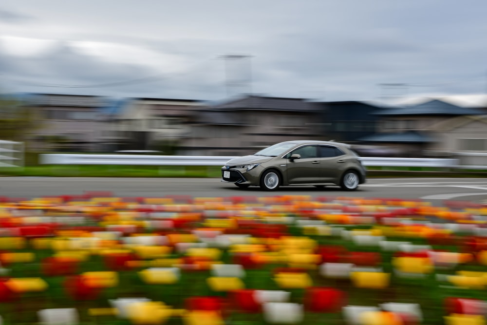 a car driving past a field of tulips