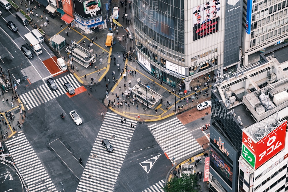 an aerial view of a busy city intersection