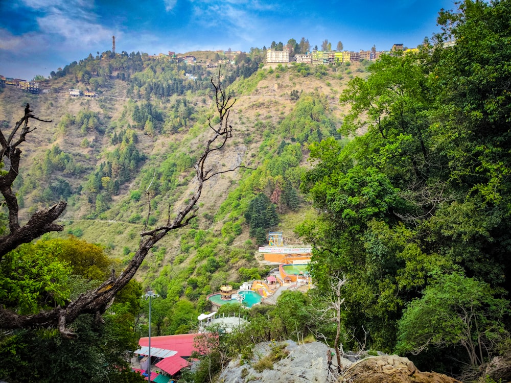 a small village nestled on a hill surrounded by trees