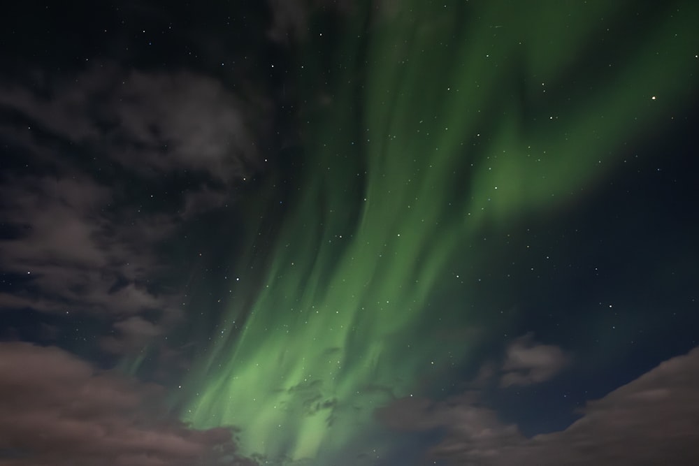 a green and white aurora bore in the night sky