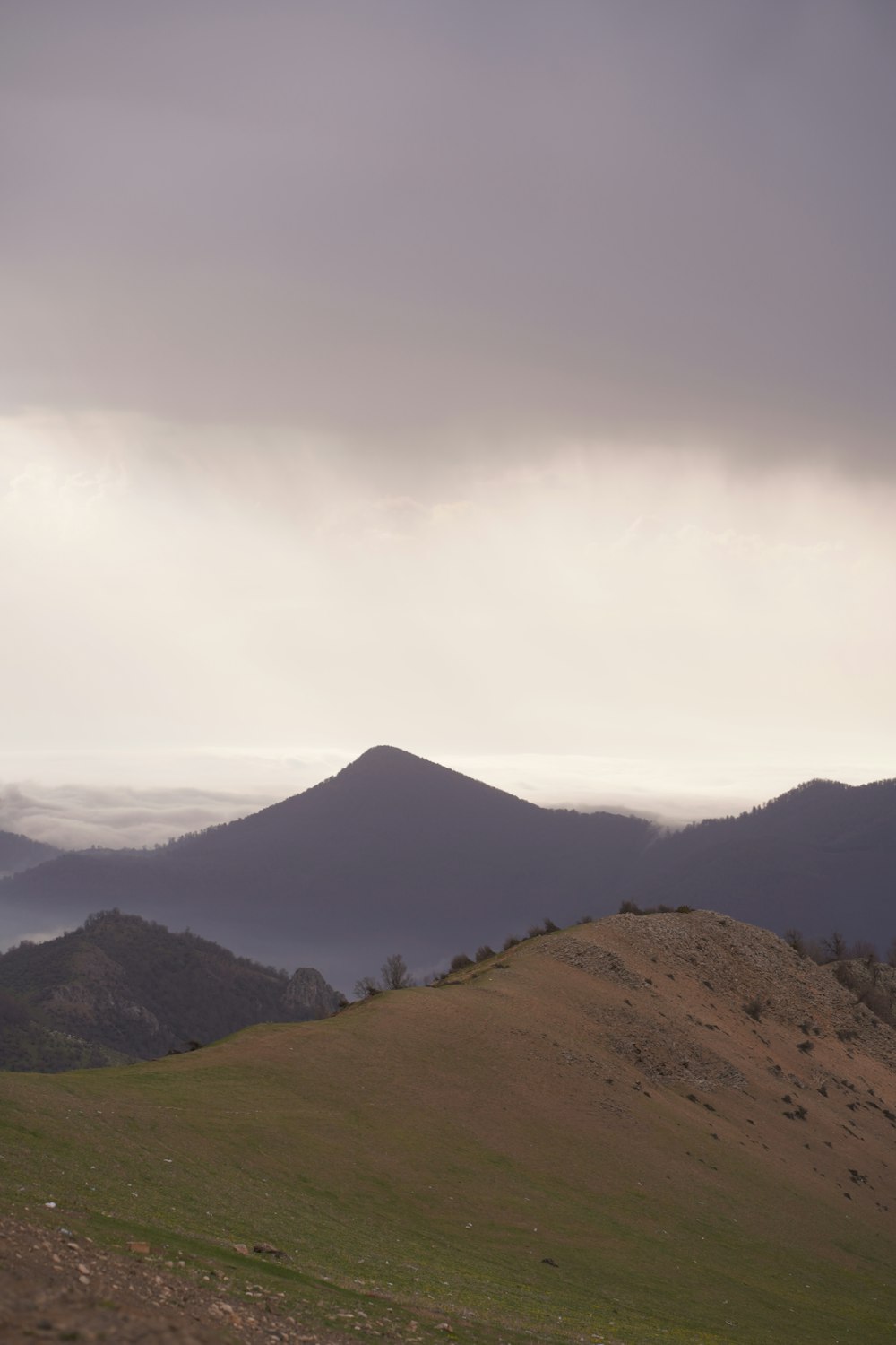 a grassy hill with mountains in the background