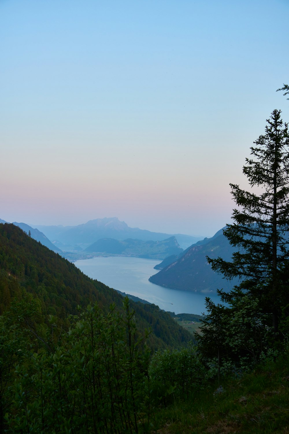 a view of a lake and mountains from a hill