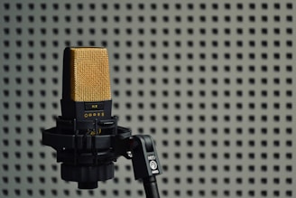 a microphone on a tripod in front of a wall