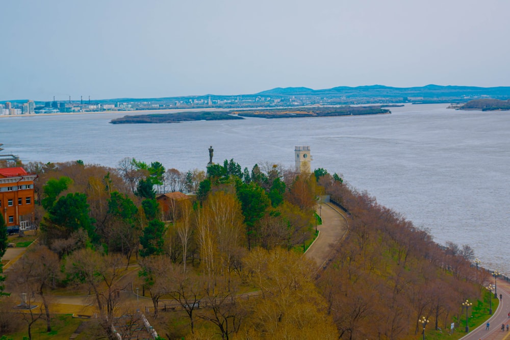 a large body of water surrounded by trees