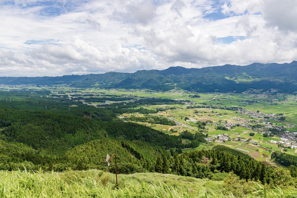 a lush green valley surrounded by mountains under a cloudy sky